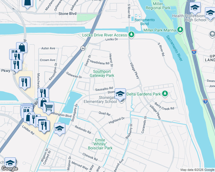 map of restaurants, bars, coffee shops, grocery stores, and more near 1646 Sausalito Road in West Sacramento