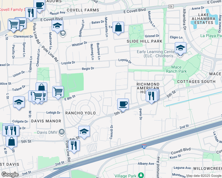 map of restaurants, bars, coffee shops, grocery stores, and more near 2525 East 8th Street in Davis