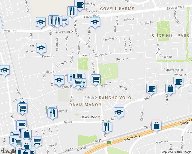 map of restaurants, bars, coffee shops, grocery stores, and more near 914 Snyder Drive in Davis