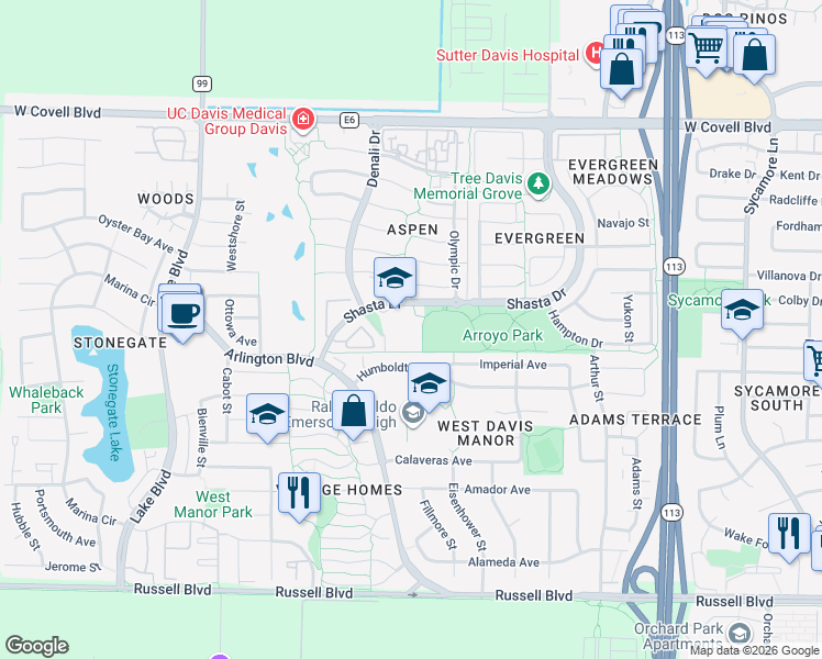 map of restaurants, bars, coffee shops, grocery stores, and more near 2140 Shasta Drive in Davis