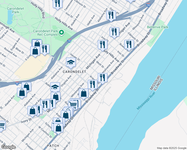 map of restaurants, bars, coffee shops, grocery stores, and more near 6709 Pennsylvania Avenue in St. Louis