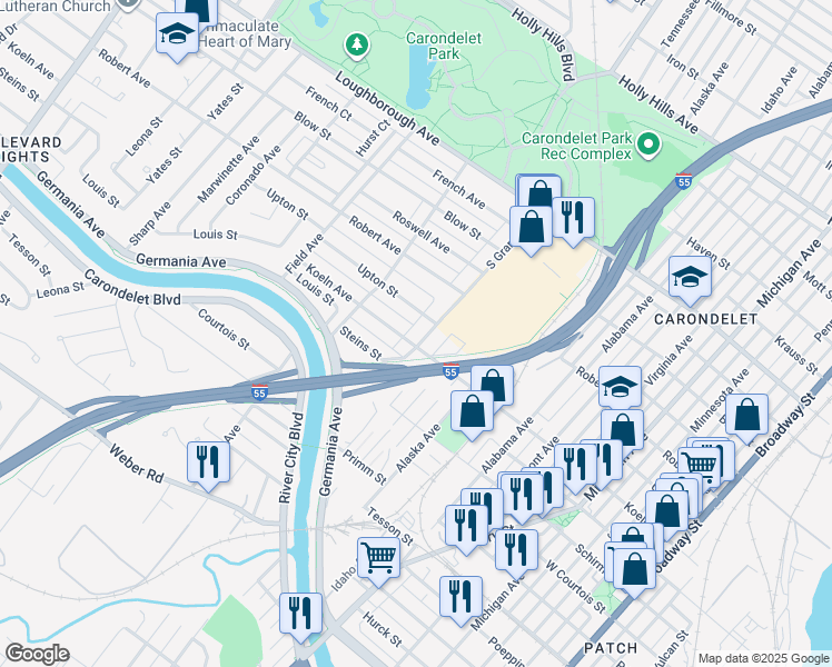 map of restaurants, bars, coffee shops, grocery stores, and more near 7423 South Grand Avenue in St. Louis