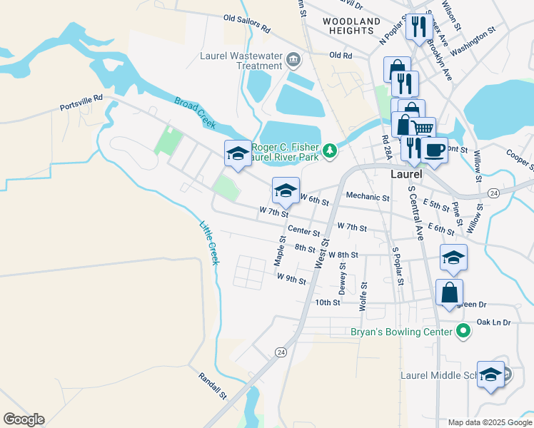 map of restaurants, bars, coffee shops, grocery stores, and more near 514 West 7th Street in Laurel