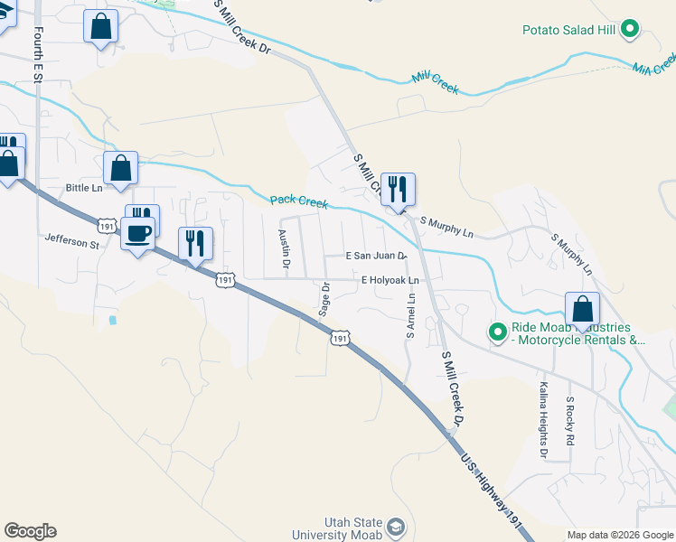 map of restaurants, bars, coffee shops, grocery stores, and more near 1111 East Holyoak Lane in Moab