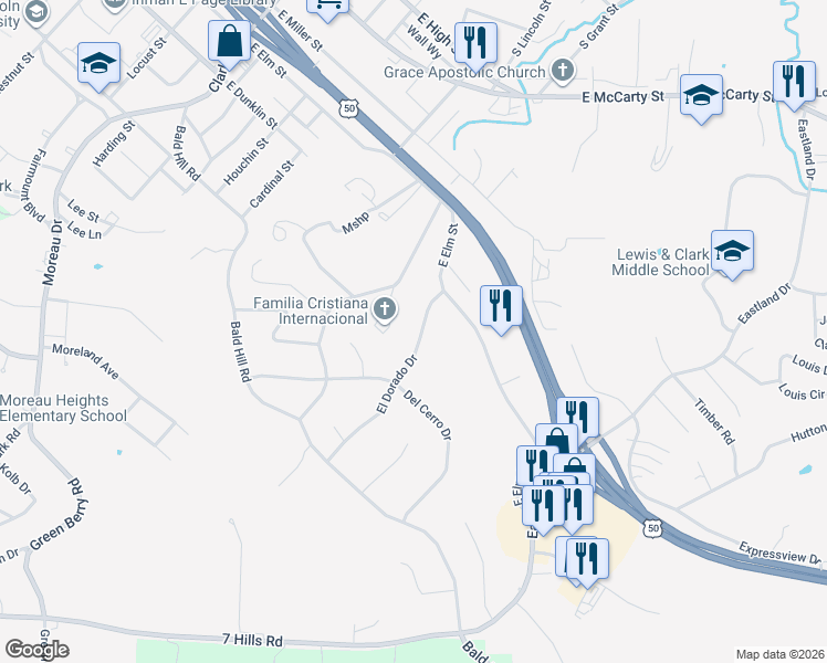 map of restaurants, bars, coffee shops, grocery stores, and more near 810 El Dorado Dr in Jefferson City