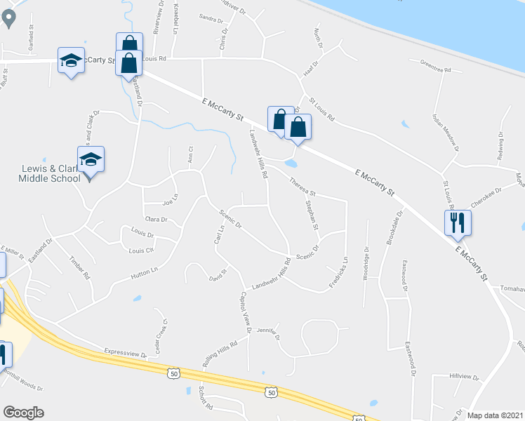 map of restaurants, bars, coffee shops, grocery stores, and more near 230 Landwehr Hills Road in Jefferson City