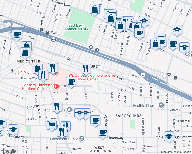 map of restaurants, bars, coffee shops, grocery stores, and more near 4872 U Street in Sacramento