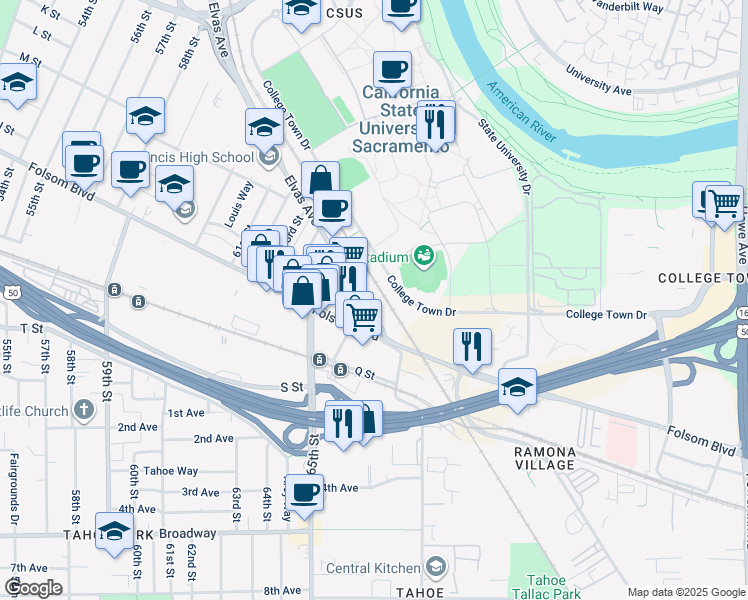 map of restaurants, bars, coffee shops, grocery stores, and more near 6661 Elvas Avenue in Sacramento