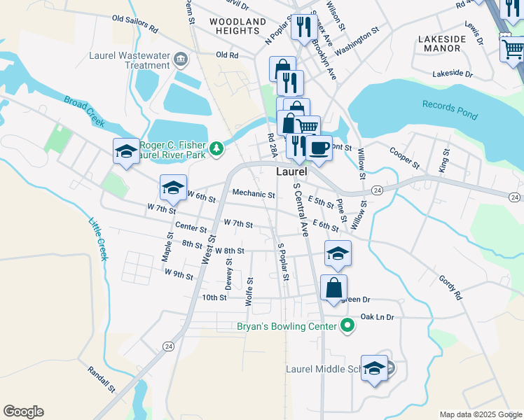 map of restaurants, bars, coffee shops, grocery stores, and more near 202 West 6th Street in Laurel