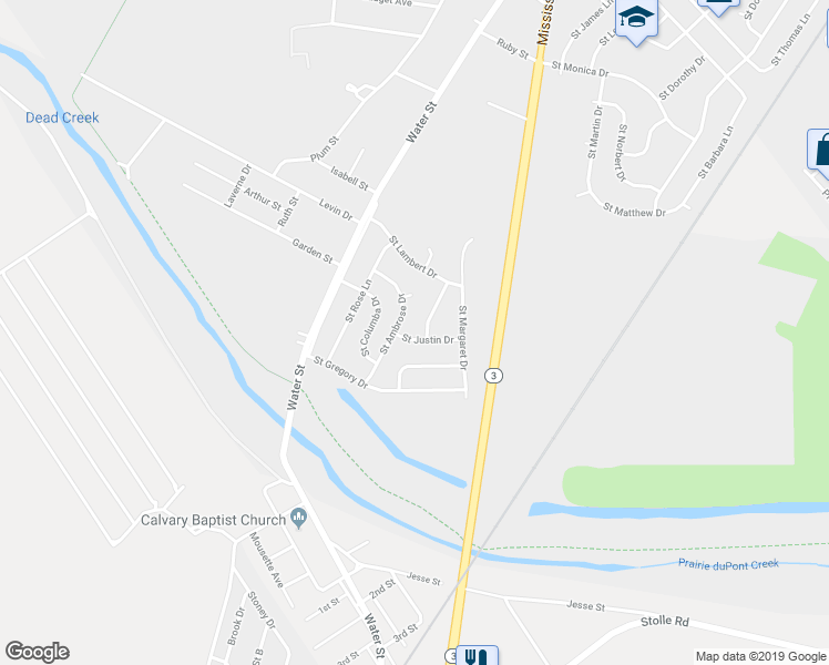 map of restaurants, bars, coffee shops, grocery stores, and more near 37 Saint Justin Drive in Cahokia