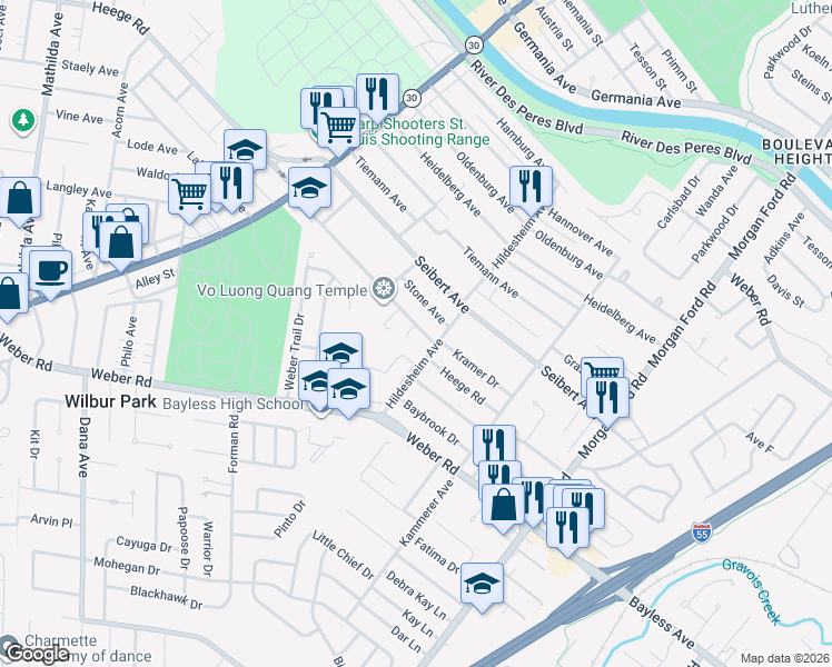 map of restaurants, bars, coffee shops, grocery stores, and more near 8333 Heege Court in St. Louis