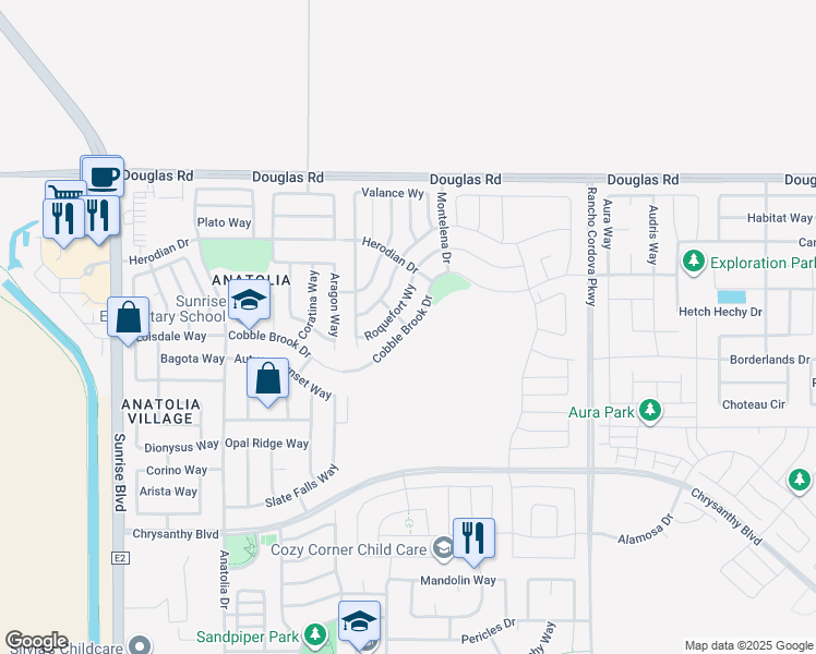 map of restaurants, bars, coffee shops, grocery stores, and more near Cobble Brook Drive in Rancho Cordova