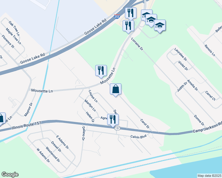 map of restaurants, bars, coffee shops, grocery stores, and more near 2312 Carol Street in Cahokia