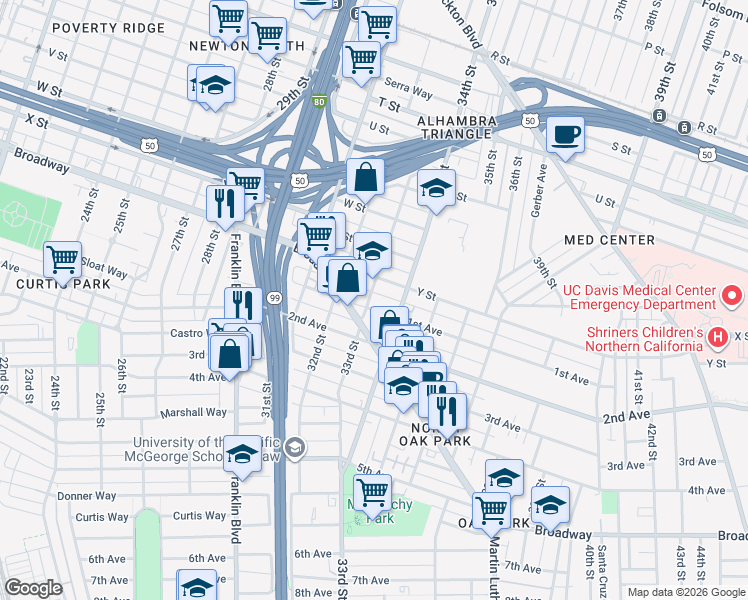 map of restaurants, bars, coffee shops, grocery stores, and more near 3309 1st Avenue in Sacramento