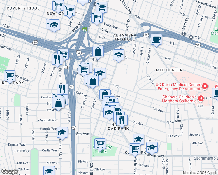 map of restaurants, bars, coffee shops, grocery stores, and more near 2541 34th Street in Sacramento