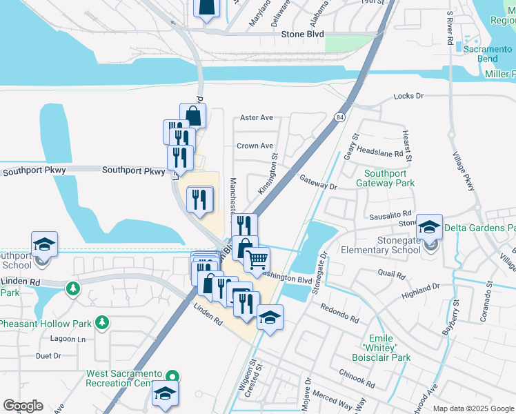 map of restaurants, bars, coffee shops, grocery stores, and more near 2350 Jefferson Boulevard in West Sacramento