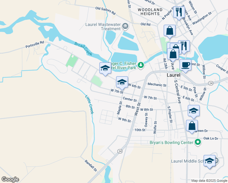 map of restaurants, bars, coffee shops, grocery stores, and more near 514 West 7th Street in Laurel