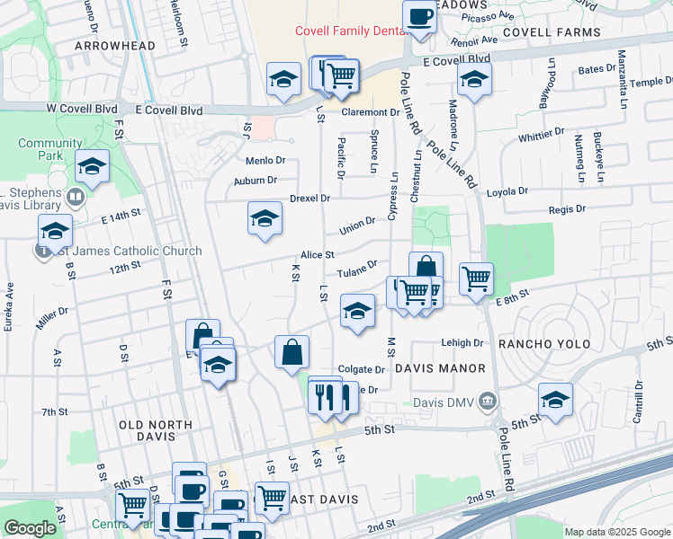 map of restaurants, bars, coffee shops, grocery stores, and more near 1311 Tulane Drive in Davis