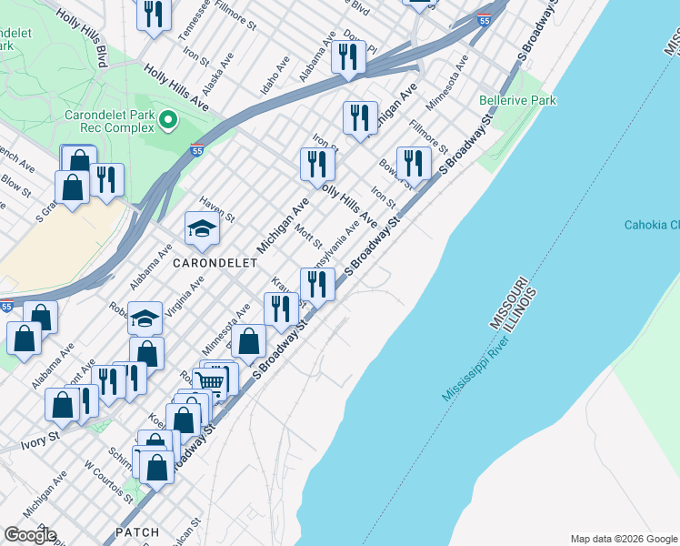 map of restaurants, bars, coffee shops, grocery stores, and more near 6621 South Broadway in St. Louis