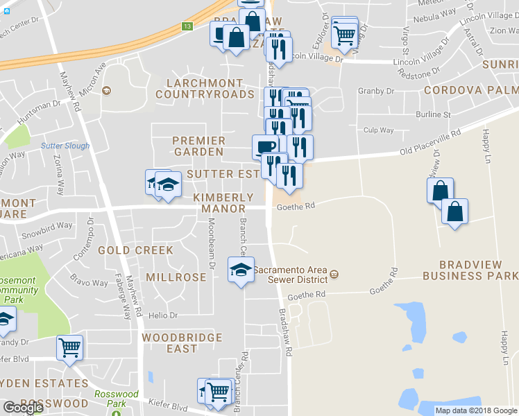 map of restaurants, bars, coffee shops, grocery stores, and more near 9698 Goethe Road in Sacramento
