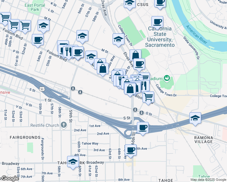 map of restaurants, bars, coffee shops, grocery stores, and more near 6200 Folsom Blvd in Sacramento