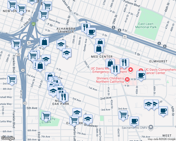 map of restaurants, bars, coffee shops, grocery stores, and more near 3833 Sherman Way in Sacramento