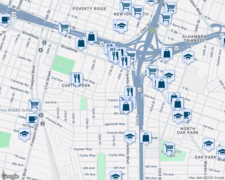 map of restaurants, bars, coffee shops, grocery stores, and more near 2801 2nd Avenue in Sacramento