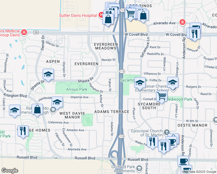 map of restaurants, bars, coffee shops, grocery stores, and more near 1615 Hampton Drive in Davis