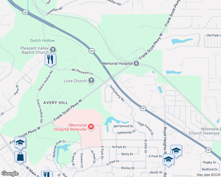 map of restaurants, bars, coffee shops, grocery stores, and more near 38 Fourscore Drive in Belleville