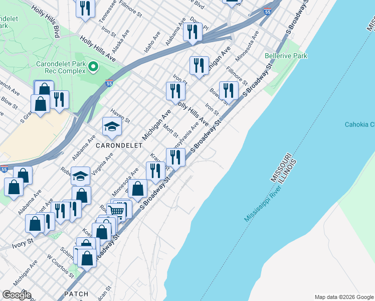 map of restaurants, bars, coffee shops, grocery stores, and more near 6621 South Broadway in St. Louis