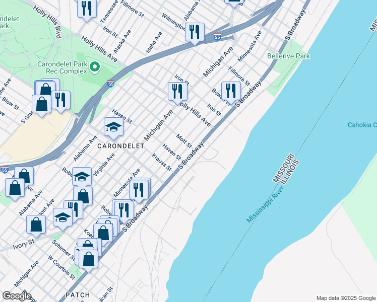 map of restaurants, bars, coffee shops, grocery stores, and more near 6621 South Broadway in St. Louis