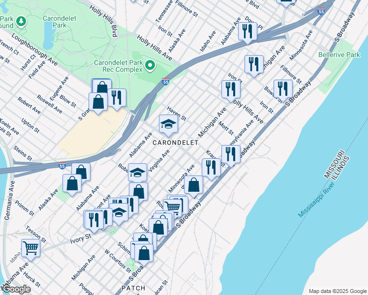 map of restaurants, bars, coffee shops, grocery stores, and more near 6800-6816 Michigan Avenue in St. Louis