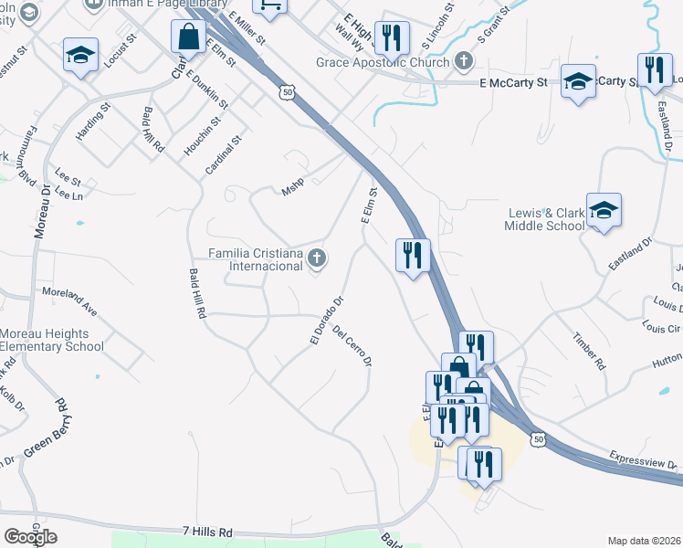 map of restaurants, bars, coffee shops, grocery stores, and more near 810 El Dorado Dr in Jefferson City