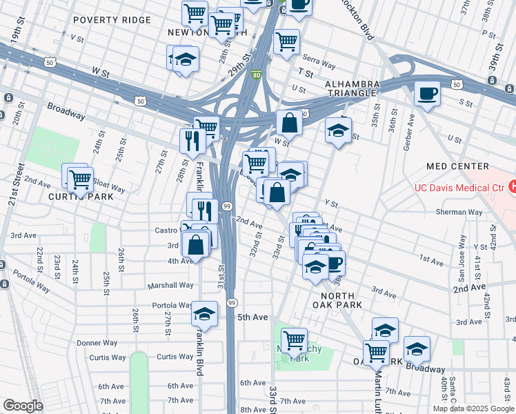 map of restaurants, bars, coffee shops, grocery stores, and more near 3138 1st Avenue in Sacramento