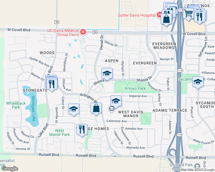 map of restaurants, bars, coffee shops, grocery stores, and more near 2222 Shasta Drive in Davis