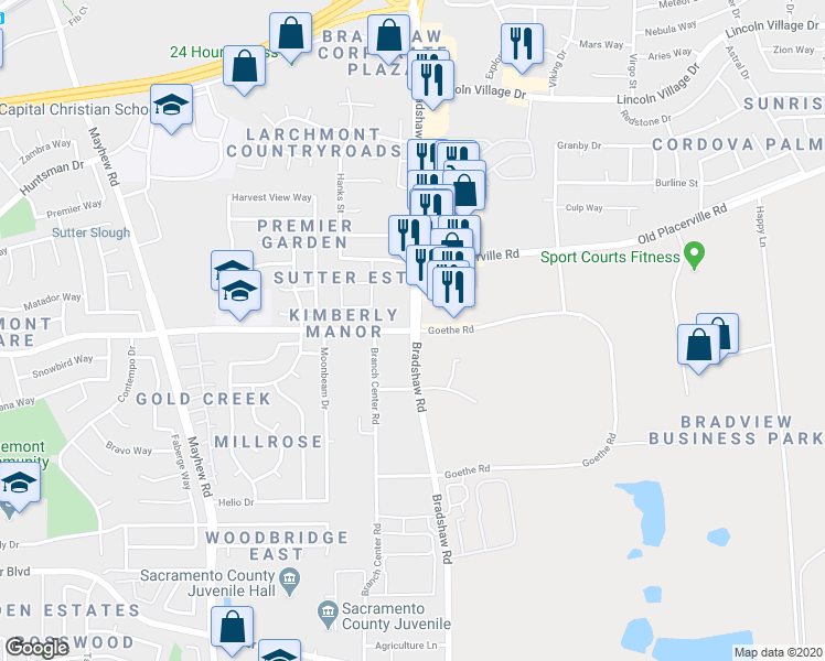 map of restaurants, bars, coffee shops, grocery stores, and more near 9701 Goethe Road in Sacramento