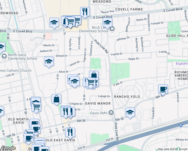 map of restaurants, bars, coffee shops, grocery stores, and more near 915 Craig Place in Davis