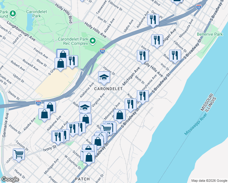 map of restaurants, bars, coffee shops, grocery stores, and more near 6800-6816 Michigan Avenue in St. Louis