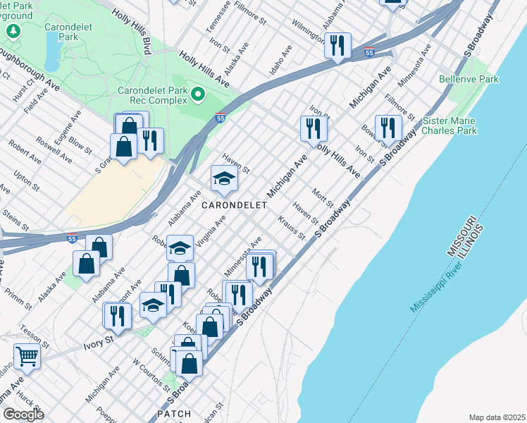 map of restaurants, bars, coffee shops, grocery stores, and more near 6800-6816 Michigan Avenue in St. Louis