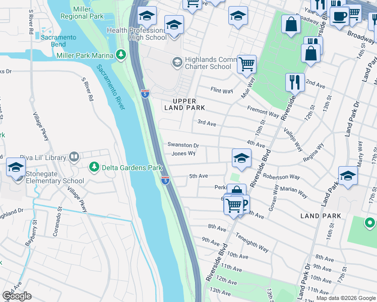 map of restaurants, bars, coffee shops, grocery stores, and more near 584 Jones Way in Sacramento
