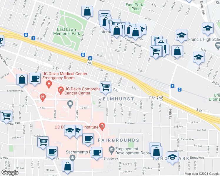 map of restaurants, bars, coffee shops, grocery stores, and more near T St & 51st St in Sacramento