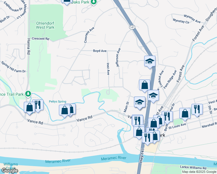 map of restaurants, bars, coffee shops, grocery stores, and more near 1 Main Street in Valley Park
