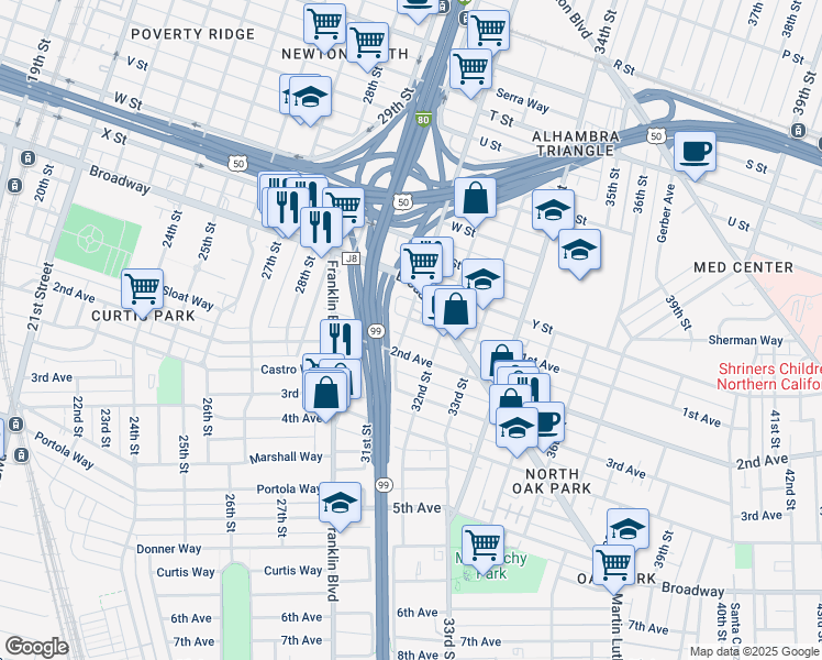 map of restaurants, bars, coffee shops, grocery stores, and more near 2635 Alhambra Boulevard in Sacramento
