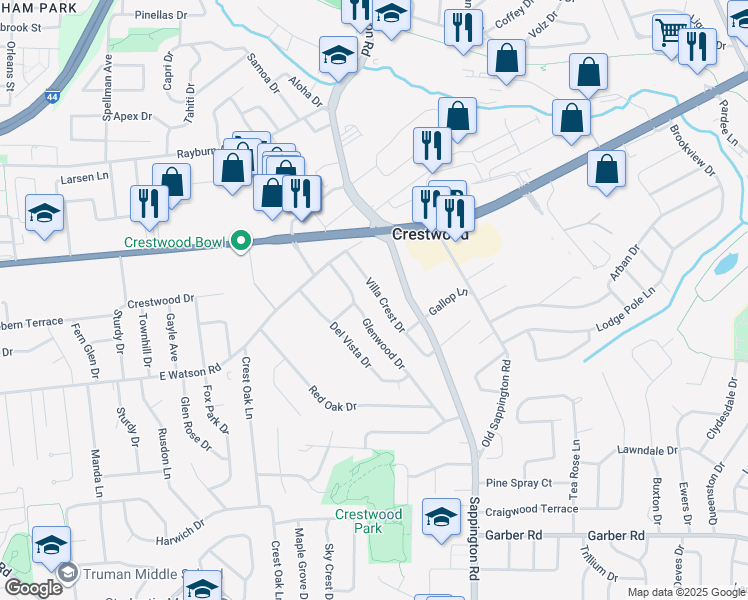 map of restaurants, bars, coffee shops, grocery stores, and more near 8705 Villa Crest Drive in St. Louis