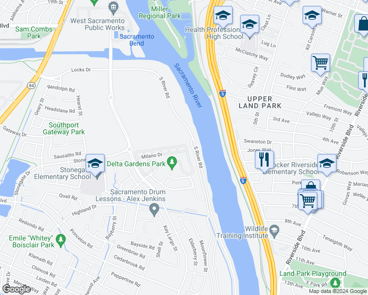 map of restaurants, bars, coffee shops, grocery stores, and more near 2390 San Marco Street in West Sacramento