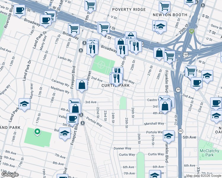 map of restaurants, bars, coffee shops, grocery stores, and more near in Sacramento