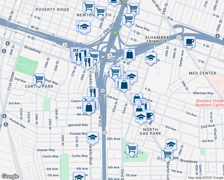 map of restaurants, bars, coffee shops, grocery stores, and more near 2635 Alhambra Boulevard in Sacramento