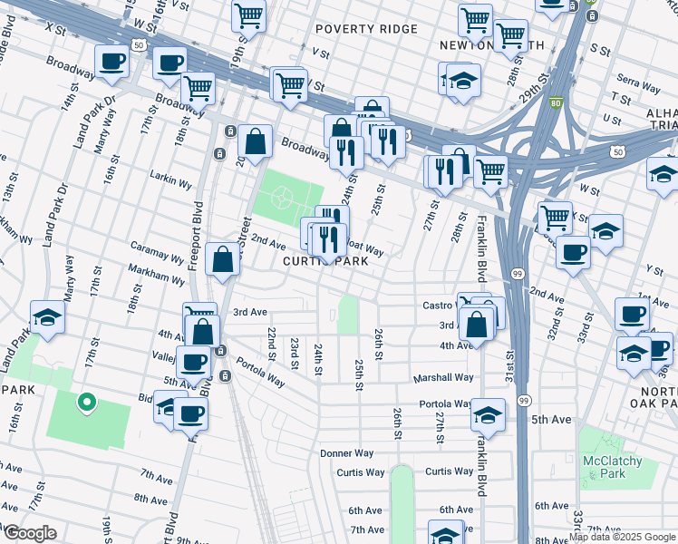 map of restaurants, bars, coffee shops, grocery stores, and more near 2500 2nd Avenue in Sacramento