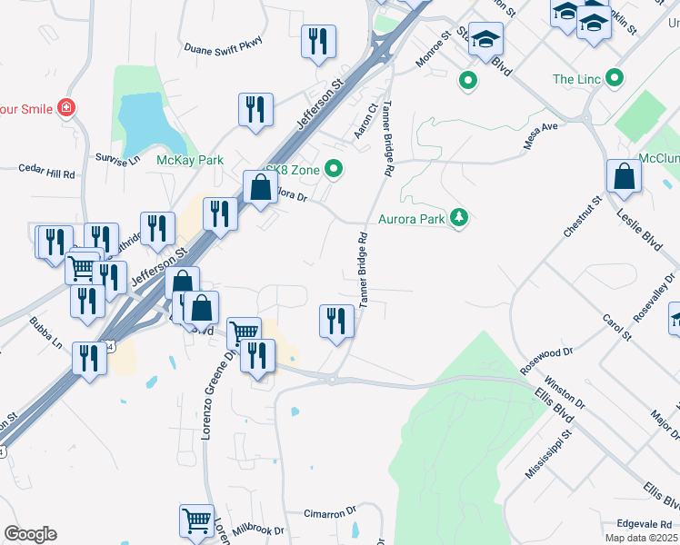 map of restaurants, bars, coffee shops, grocery stores, and more near 304 Tanner Bridge Court in Jefferson City