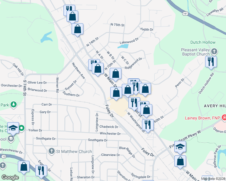map of restaurants, bars, coffee shops, grocery stores, and more near 6606 West Main Street in Belleville